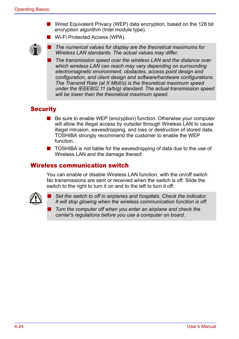 Security, Wireless communication switch | Toshiba Portege S100 User Manual | Page 86 / 216