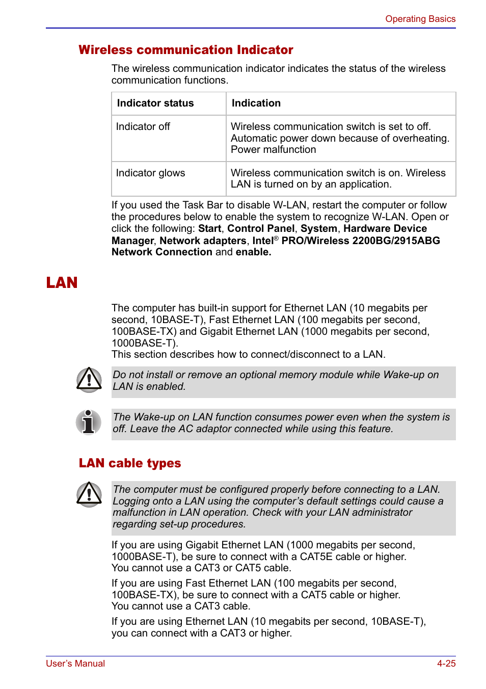 Lan -25, Wireless communication indicator, Lan cable types | Toshiba Portege S100 User Manual | Page 87 / 216