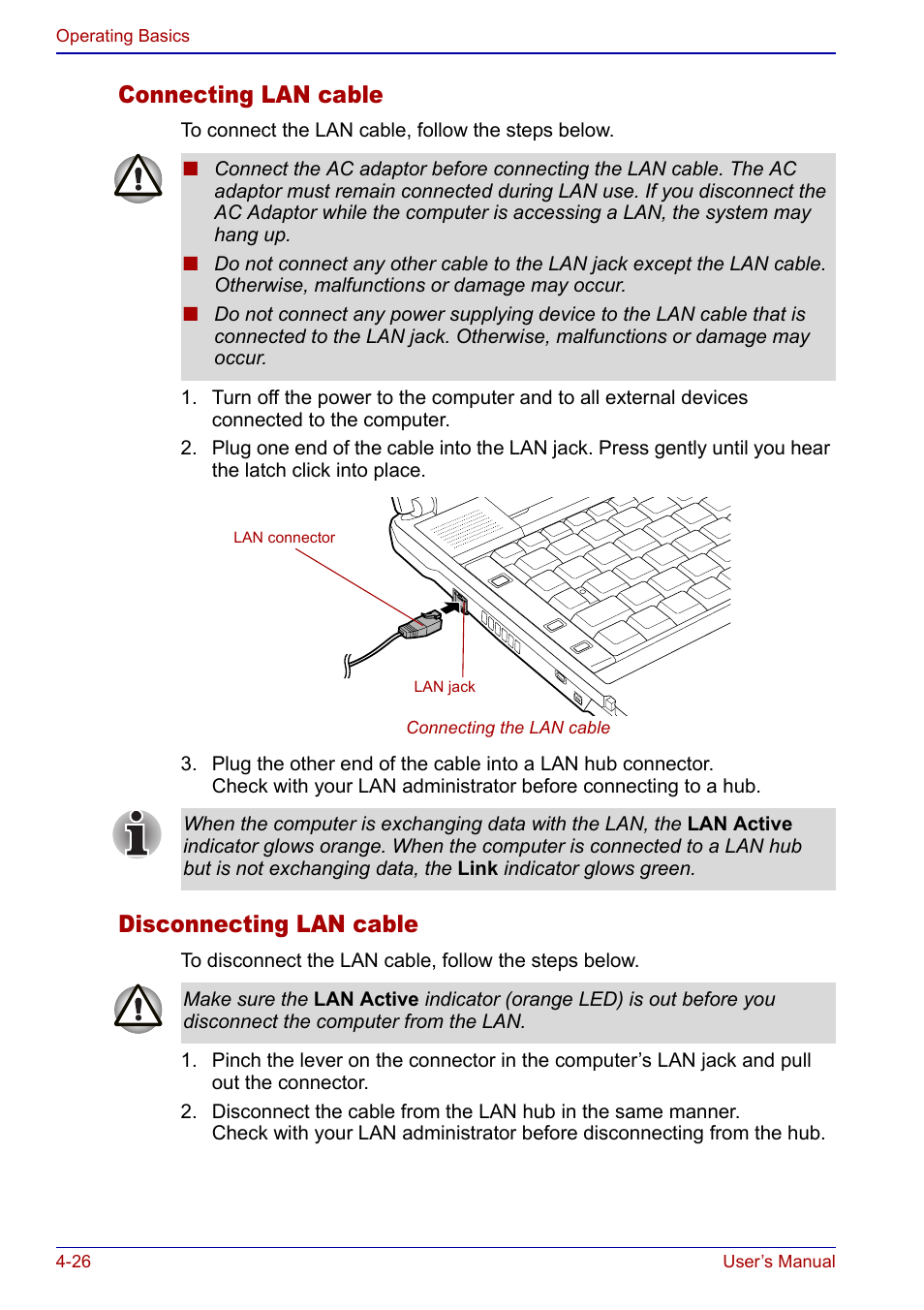 Connecting lan cable, Disconnecting lan cable | Toshiba Portege S100 User Manual | Page 88 / 216