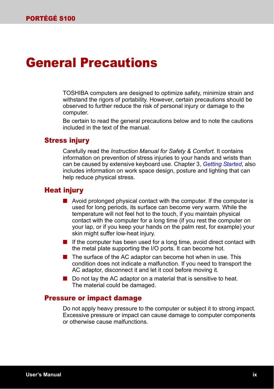 General precautions | Toshiba Portege S100 User Manual | Page 9 / 216