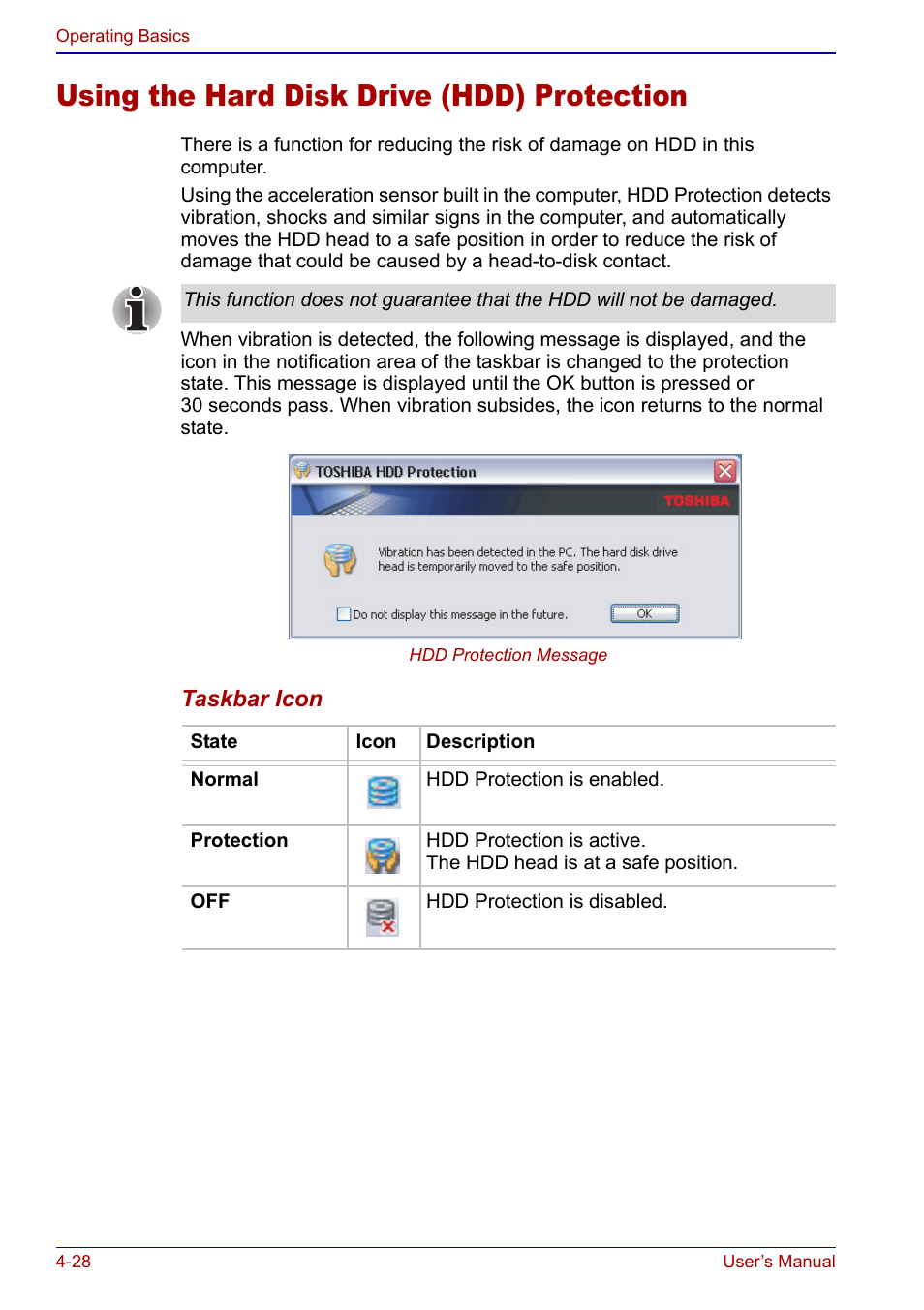 Using the hard disk drive (hdd) protection, Using the hard disk drive (hdd) protection -28, Using the hard | Disk drive (hdd) protection, Secti | Toshiba Portege S100 User Manual | Page 90 / 216