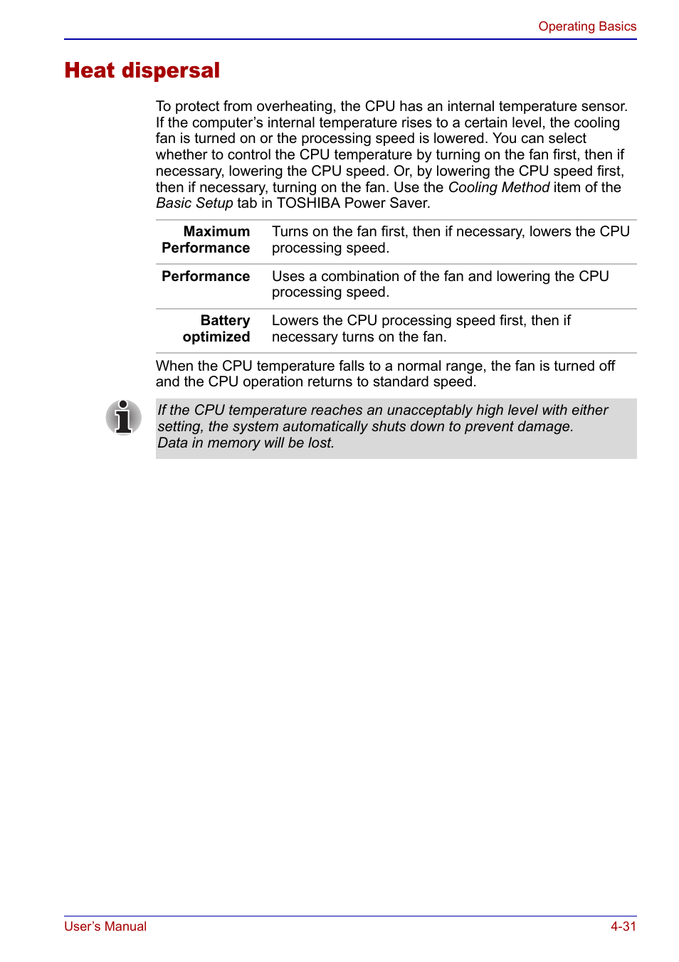 Heat dispersal, Heat dispersal -31 | Toshiba Portege S100 User Manual | Page 93 / 216