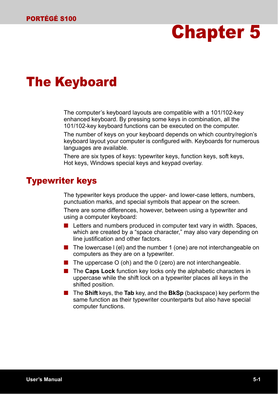 Chapter 5 - the keyboard, Typewriter keys, Chapter 5 | The keyboard, Typewriter keys -1, Describ, Hapter 5 | Toshiba Portege S100 User Manual | Page 95 / 216