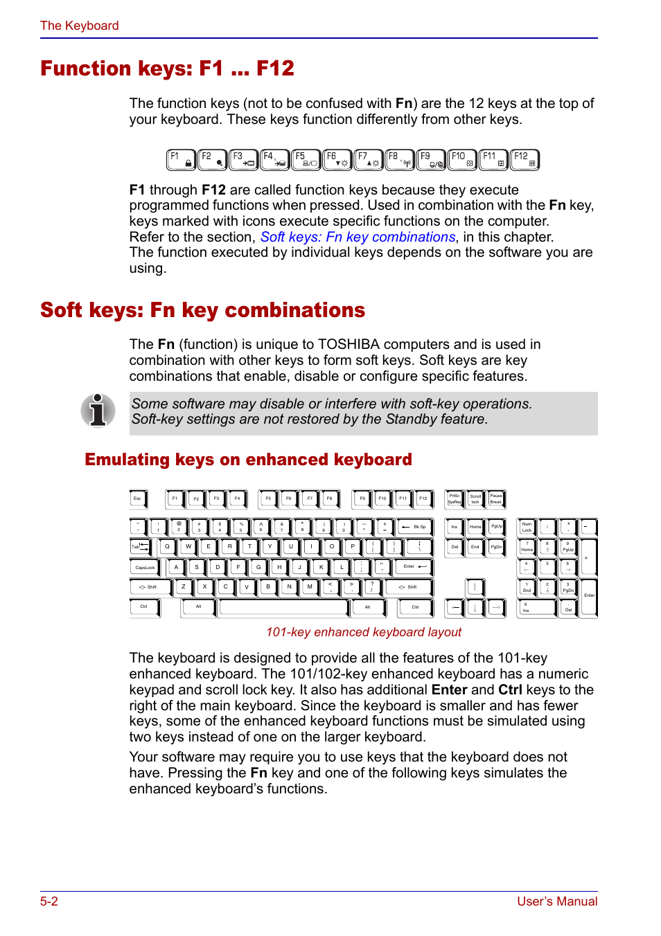 Function keys: f1 … f12, Soft keys: fn key combinations, Emulating keys on enhanced keyboard | 2 user’s manual the keyboard, Key enhanced keyboard layout | Toshiba Portege S100 User Manual | Page 96 / 216