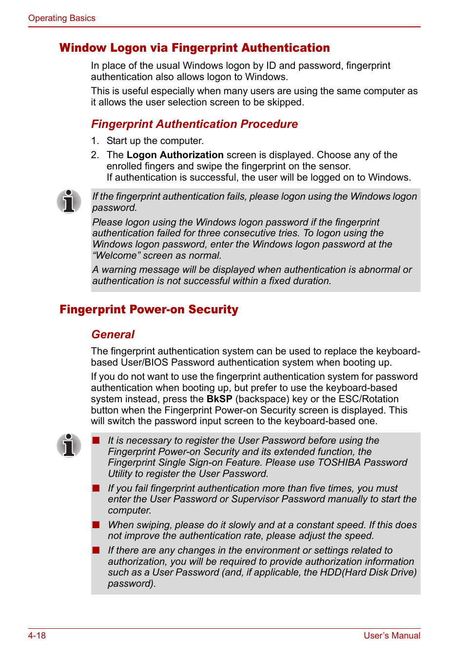 Window logon via fingerprint authentication, Fingerprint power-on security | Toshiba Tecra M7 User Manual | Page 106 / 244