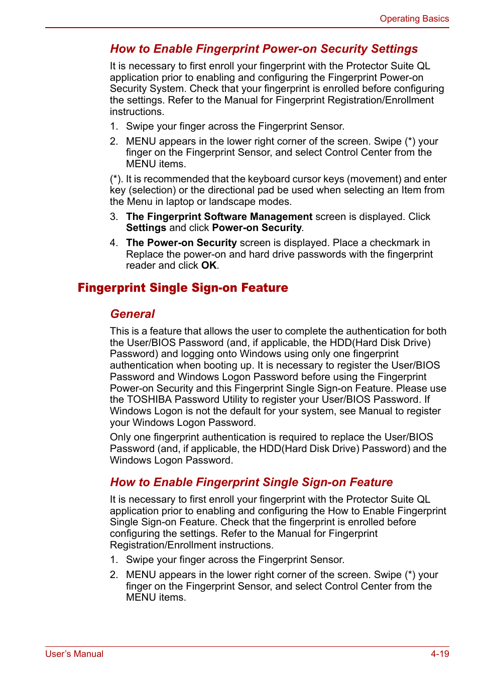 Fingerprint single sign-on feature | Toshiba Tecra M7 User Manual | Page 107 / 244