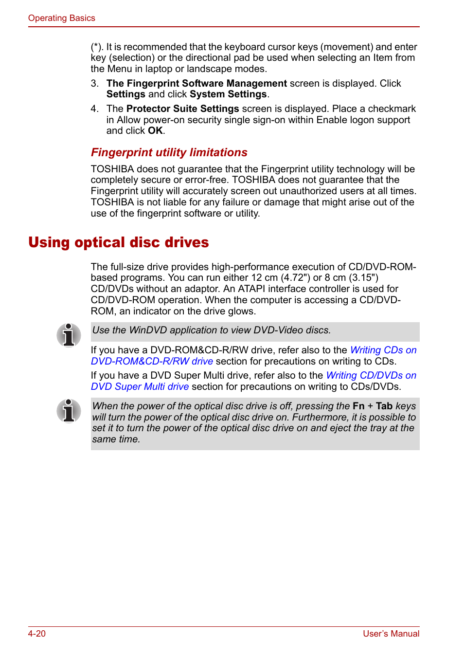 Using optical disc drives, Using optical disc drives -20, Using optical | Disc drives | Toshiba Tecra M7 User Manual | Page 108 / 244