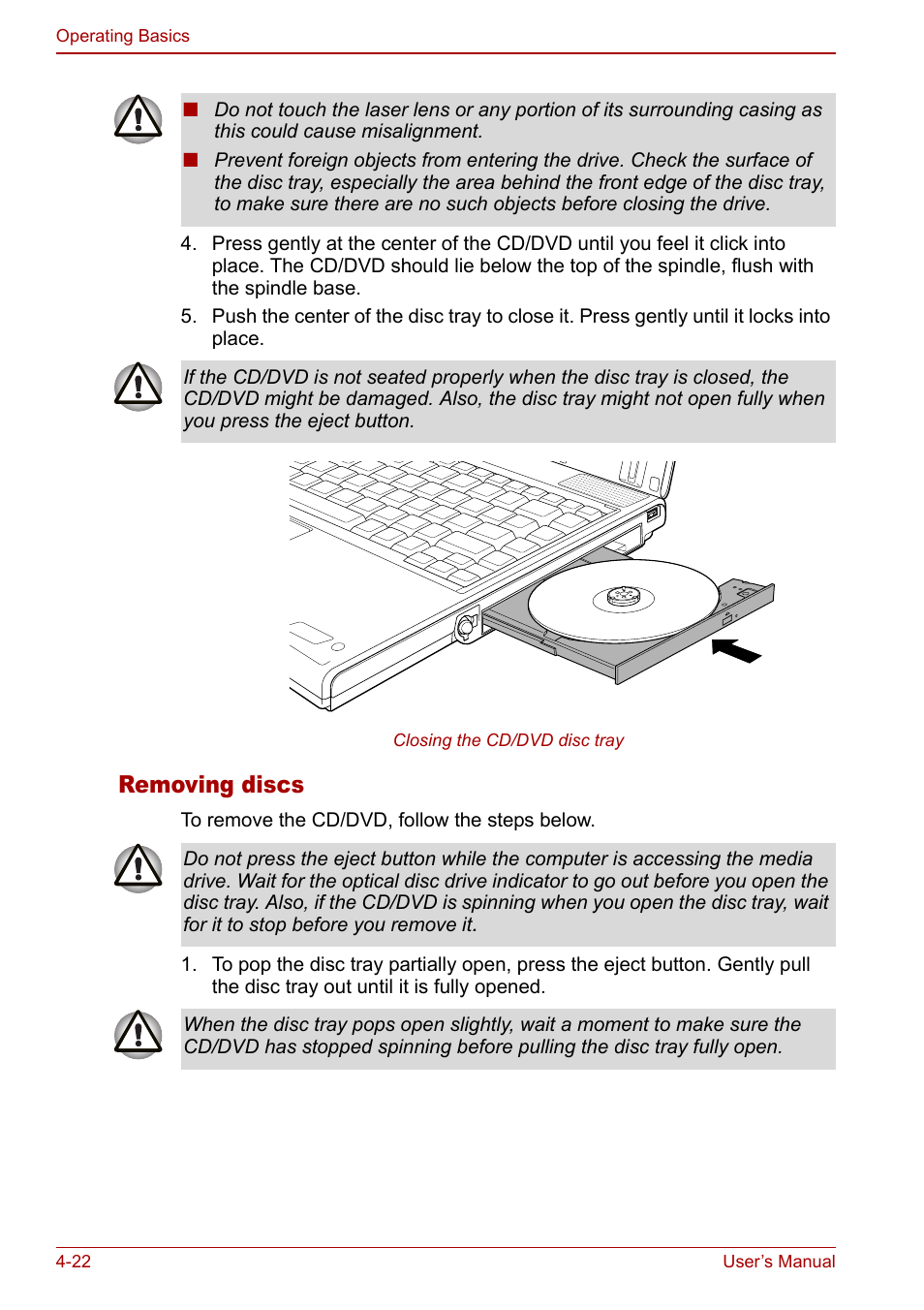 Removing discs | Toshiba Tecra M7 User Manual | Page 110 / 244