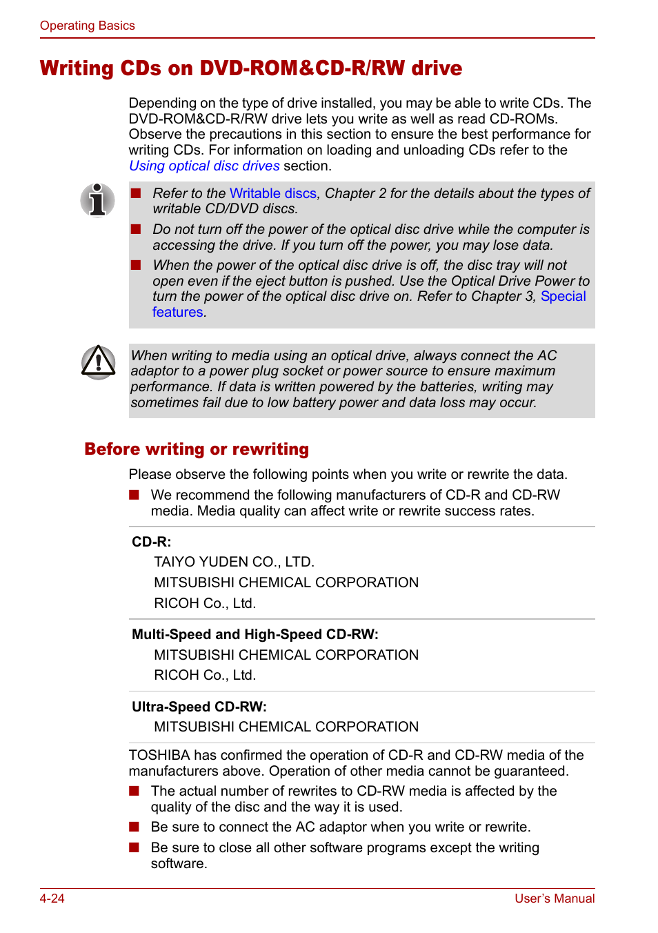 Writing cds on dvd-rom&cd-r/rw drive, Writing cds on dvd-rom&cd-r/rw drive -24, Writing cds on | Dvd-rom&cd-r/rw drive, Before writing or rewriting | Toshiba Tecra M7 User Manual | Page 112 / 244