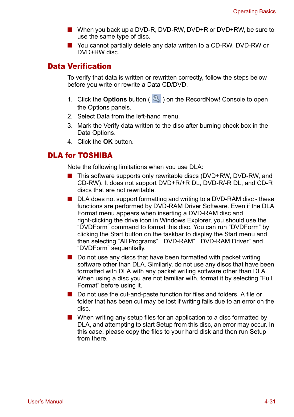 Data verification, Dla for toshiba | Toshiba Tecra M7 User Manual | Page 119 / 244