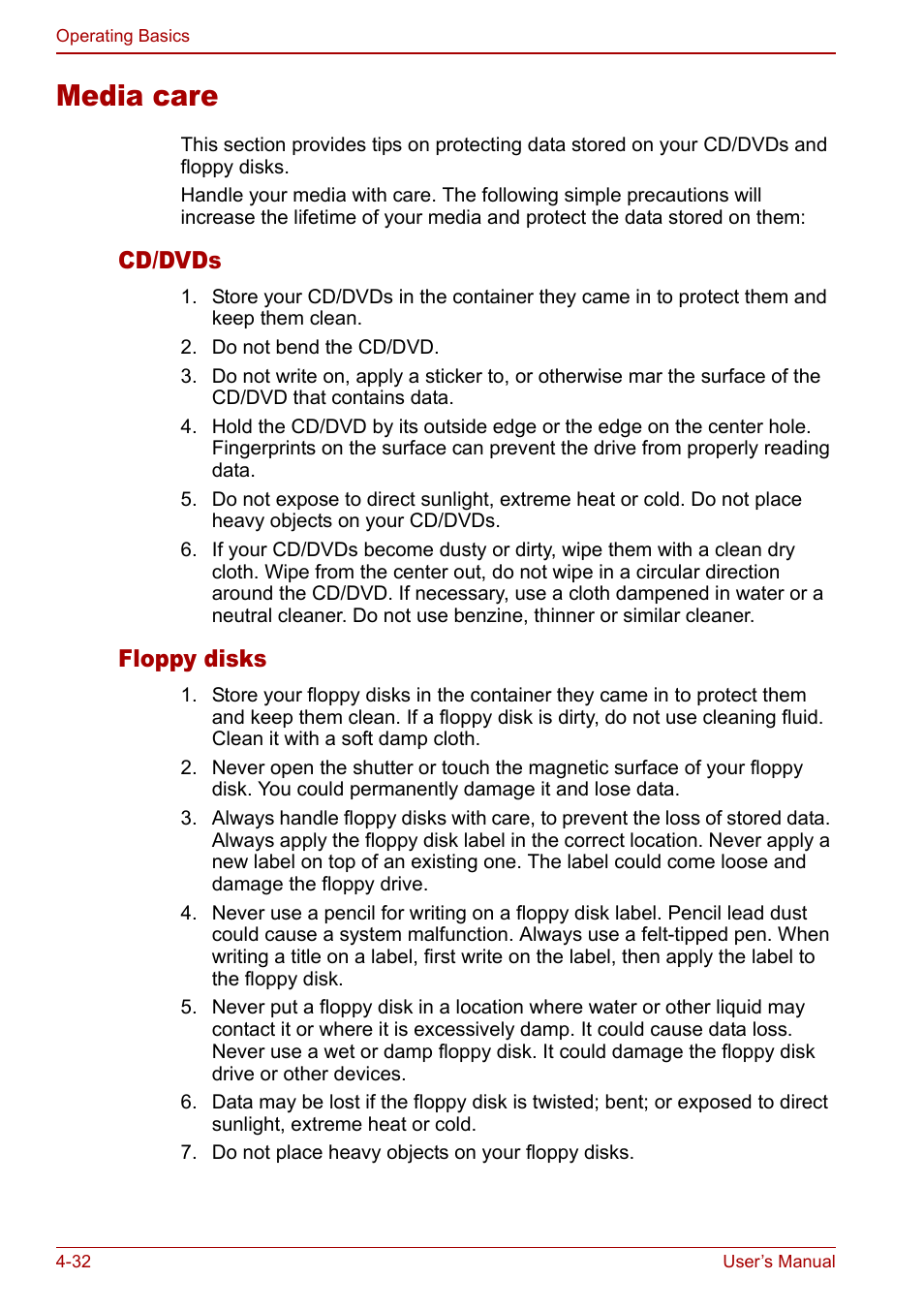 Media care, Media care -32, Cd/dvds | Floppy disks | Toshiba Tecra M7 User Manual | Page 120 / 244