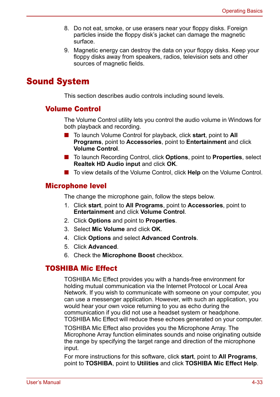 Sound system, Sound system -33, Volume control | Microphone level, Toshiba mic effect | Toshiba Tecra M7 User Manual | Page 121 / 244