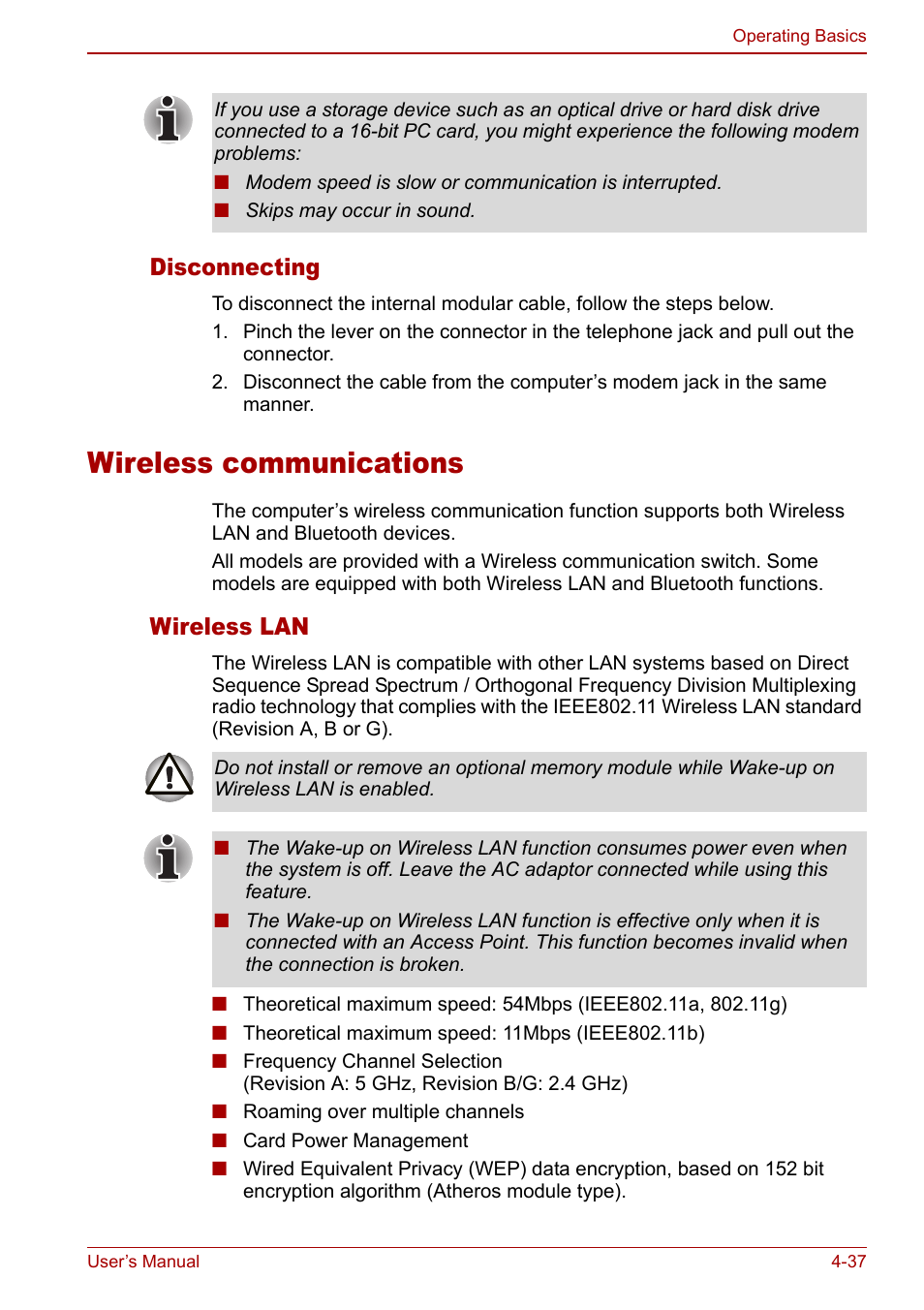 Wireless communications, Wireless communications -37, Disconnecting | Wireless lan | Toshiba Tecra M7 User Manual | Page 125 / 244