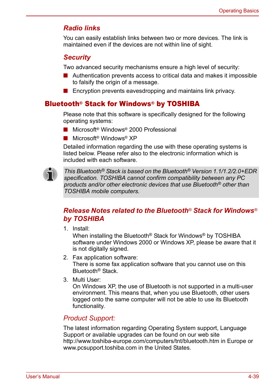 Bluetooth, Stack for windows, By toshiba | Radio links, Security, Product support | Toshiba Tecra M7 User Manual | Page 127 / 244