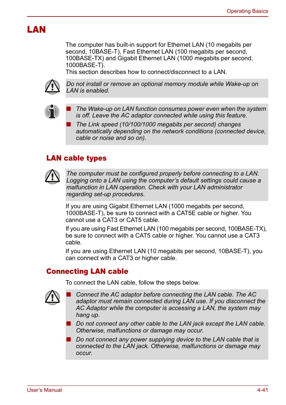 Lan -41, Lan cable types, Connecting lan cable | Toshiba Tecra M7 User Manual | Page 129 / 244