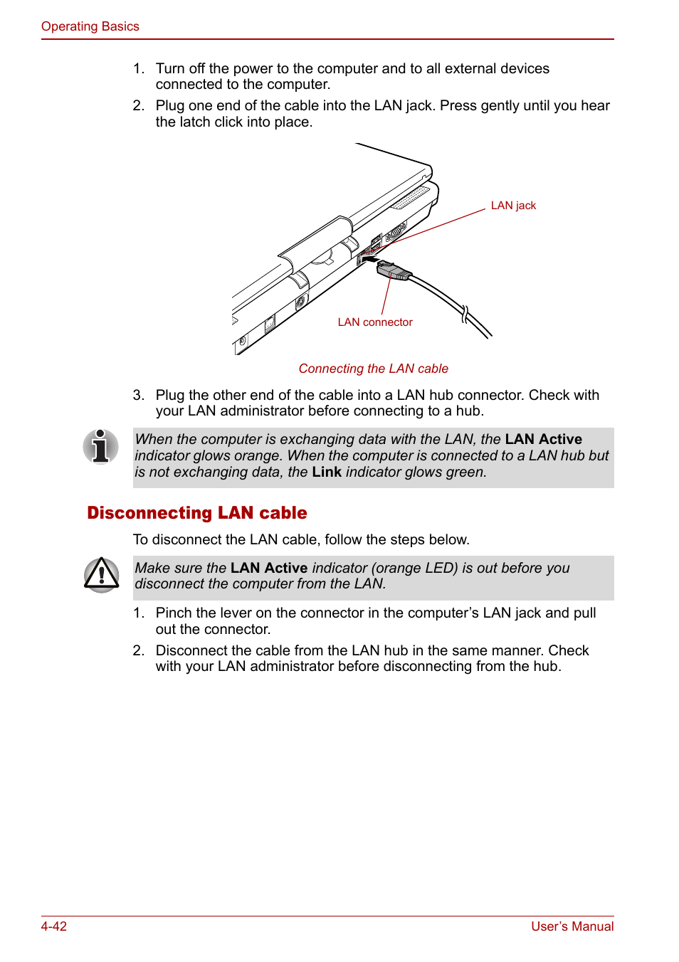 Disconnecting lan cable | Toshiba Tecra M7 User Manual | Page 130 / 244