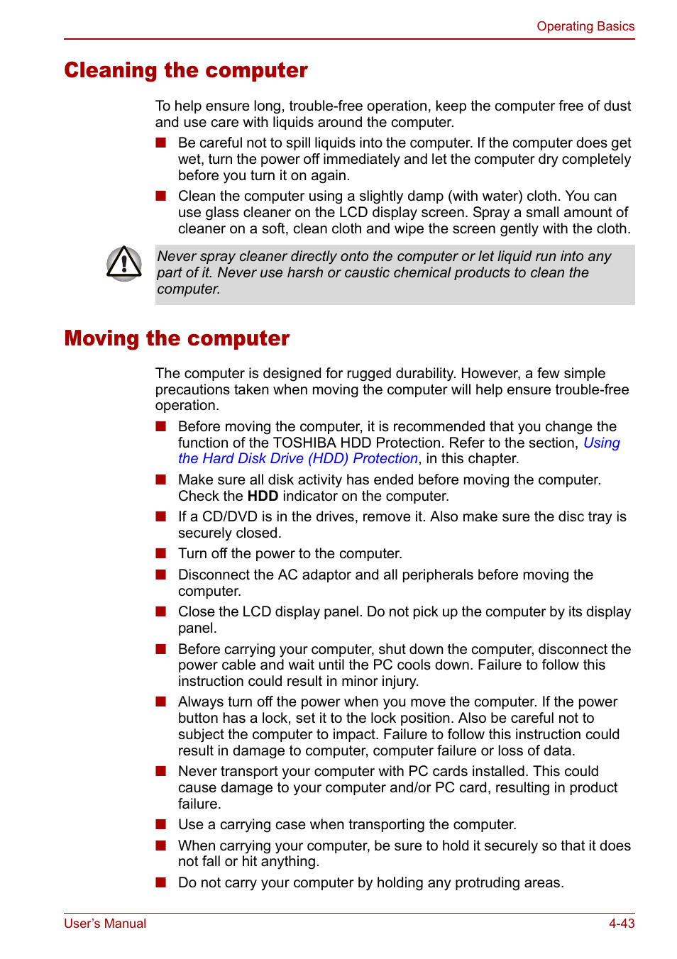 Cleaning the computer, Moving the computer, Cleaning the computer -43 moving the computer -43 | Toshiba Tecra M7 User Manual | Page 131 / 244