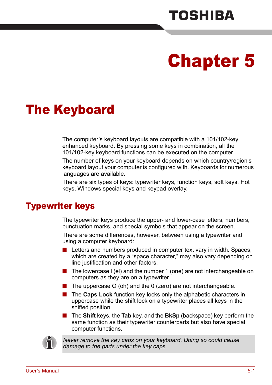 Chapter 5 - the keyboard, Typewriter keys, Chapter 5 | The keyboard, Typewriter keys -1 | Toshiba Tecra M7 User Manual | Page 135 / 244