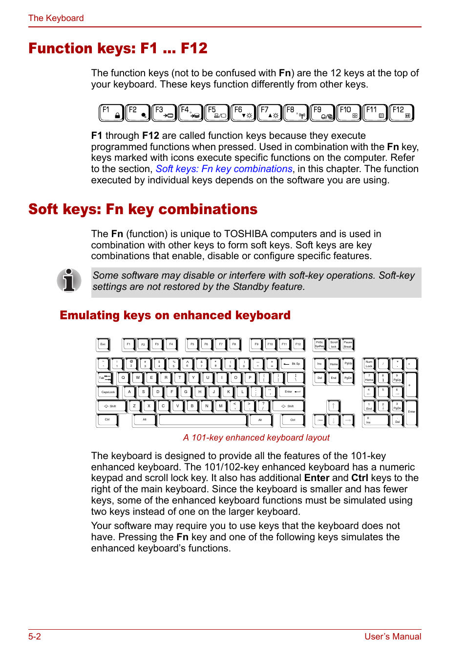 Function keys: f1 … f12, Soft keys: fn key combinations, Emulating keys on enhanced keyboard | 2 user’s manual the keyboard, A 101-key enhanced keyboard layout | Toshiba Tecra M7 User Manual | Page 136 / 244