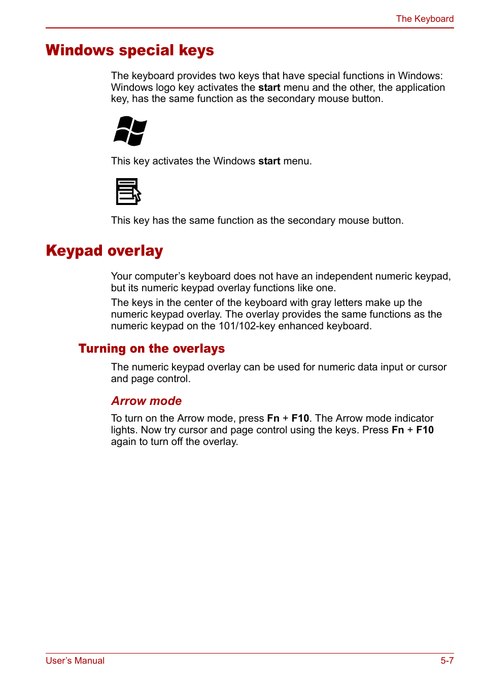 Windows special keys, Keypad overlay, Windows special keys -7 keypad overlay -7 | Keypad, Overlay | Toshiba Tecra M7 User Manual | Page 141 / 244