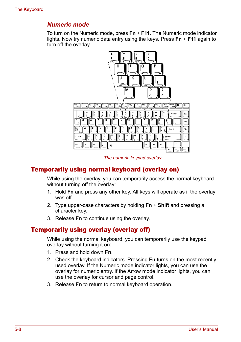 Temporarily using normal keyboard (overlay on), Temporarily using overlay (overlay off) | Toshiba Tecra M7 User Manual | Page 142 / 244