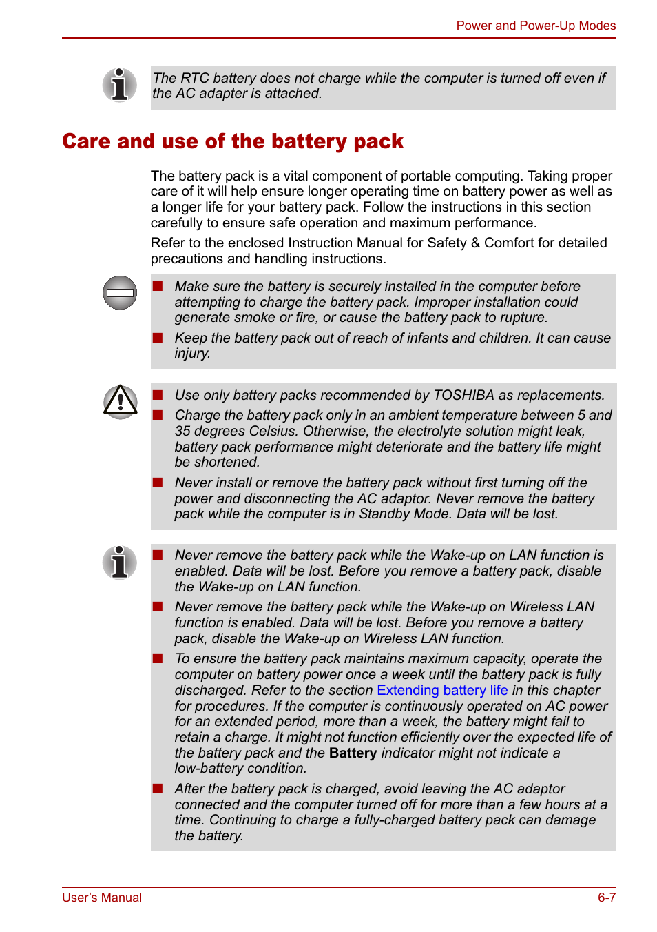 Care and use of the battery pack, Care and use of the battery pack -7 | Toshiba Tecra M7 User Manual | Page 151 / 244