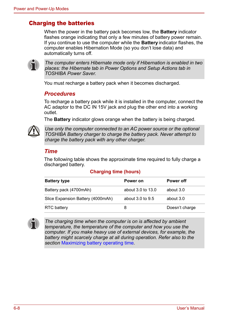 Charging the batteries, Procedures, Time | Toshiba Tecra M7 User Manual | Page 152 / 244