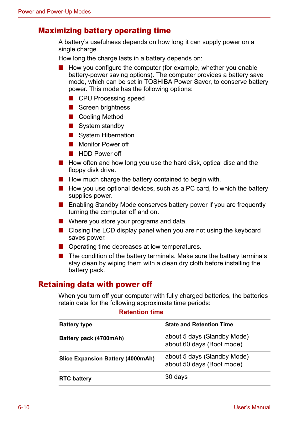 Maximizing battery operating time, Retaining data with power off | Toshiba Tecra M7 User Manual | Page 154 / 244