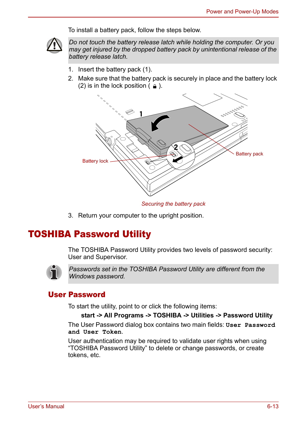 Toshiba password utility, Toshiba password utility -13, User password | Toshiba Tecra M7 User Manual | Page 157 / 244