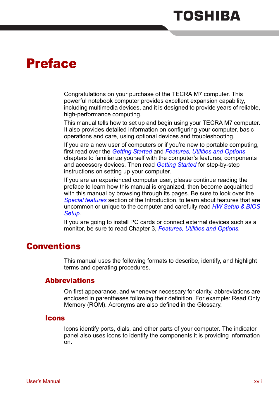 Preface, Conventions | Toshiba Tecra M7 User Manual | Page 17 / 244