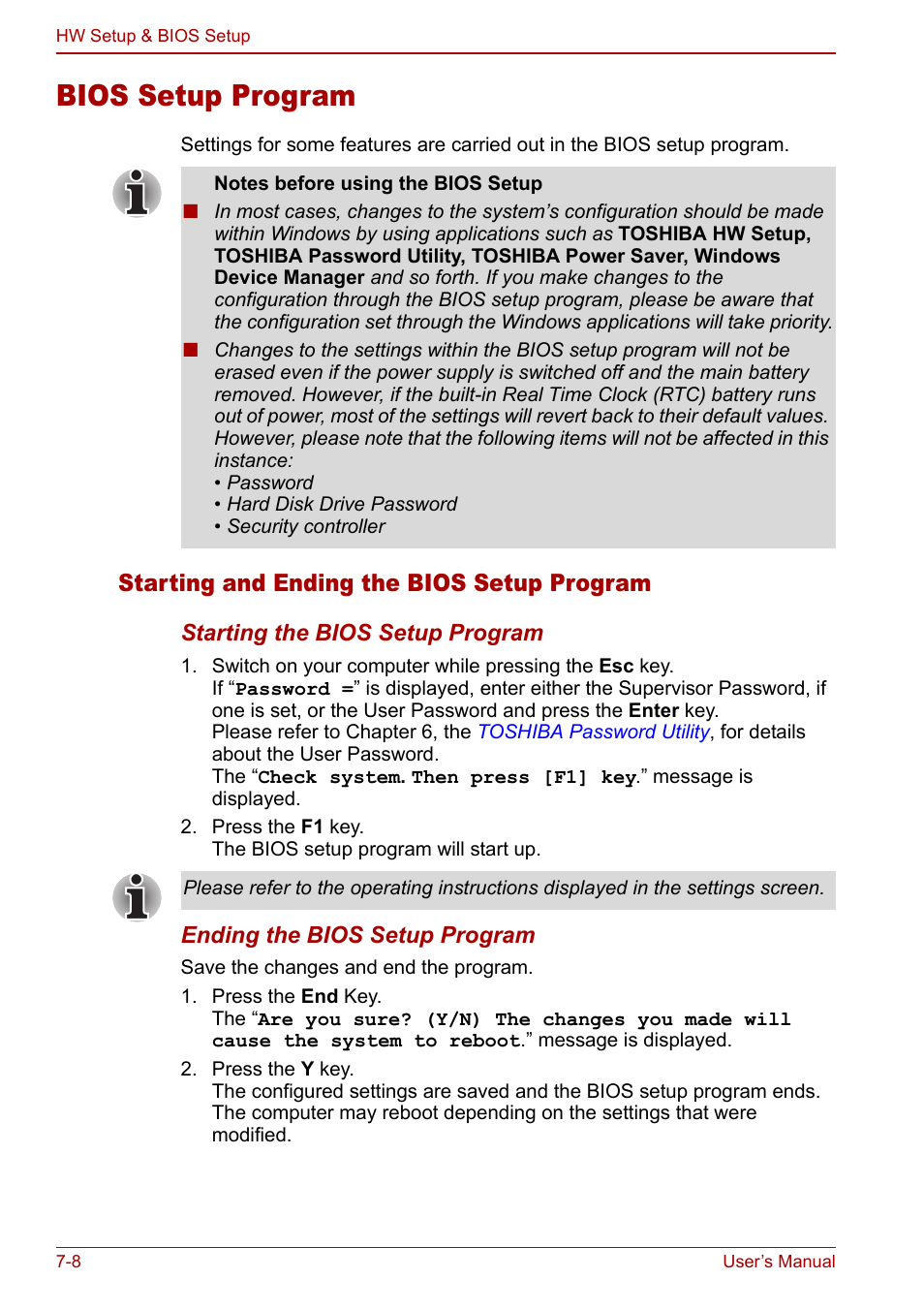 Bios setup program, Bios setup program -8, Starting and ending the bios setup program | Section i | Toshiba Tecra M7 User Manual | Page 170 / 244