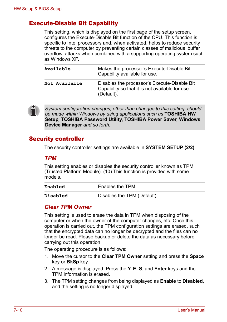 Execute-disable bit capability, Security controller | Toshiba Tecra M7 User Manual | Page 172 / 244