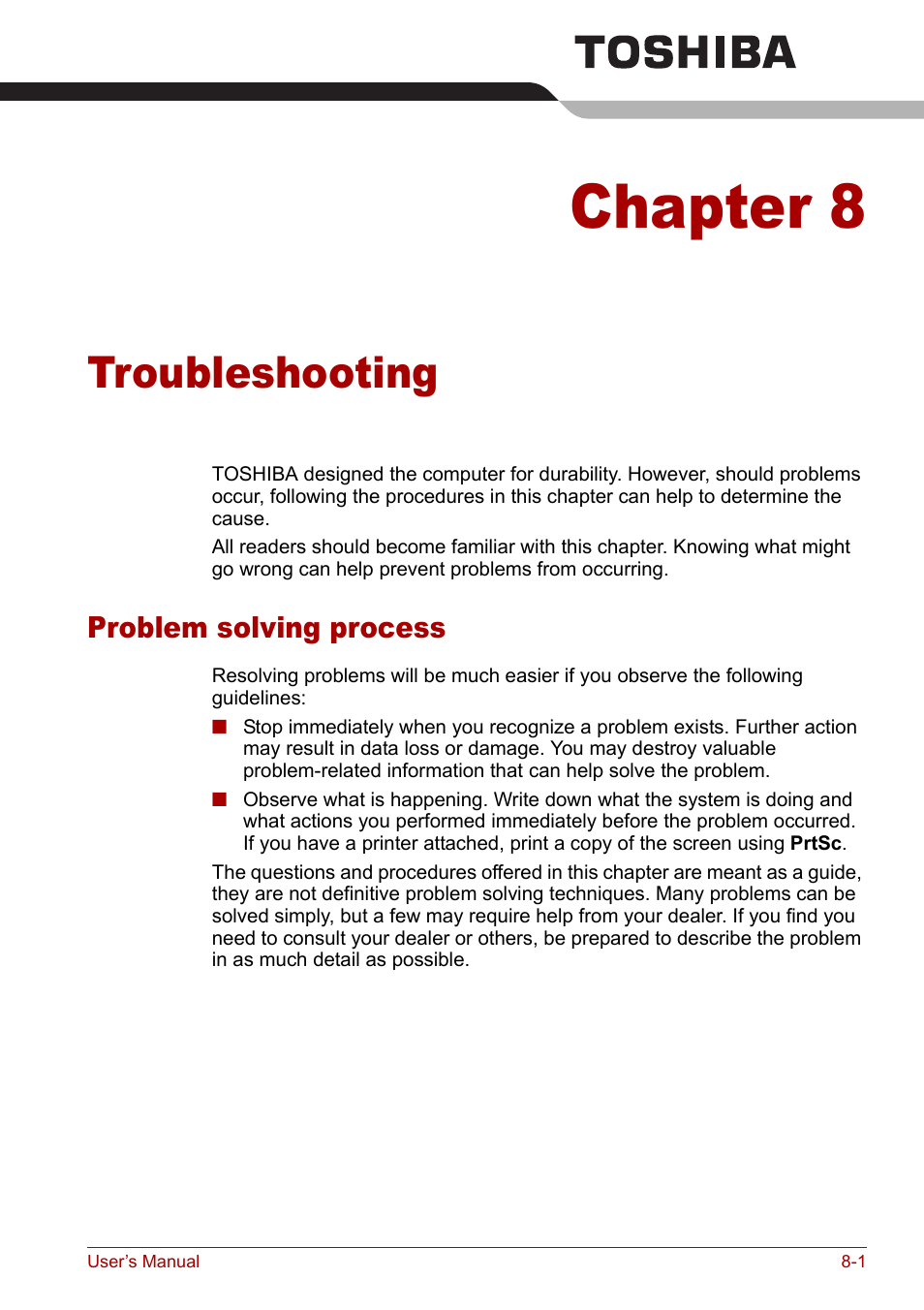 Chapter 8 - troubleshooting, Problem solving process, Chapter 8 | Troubleshooting, Problem solving process -1 | Toshiba Tecra M7 User Manual | Page 175 / 244