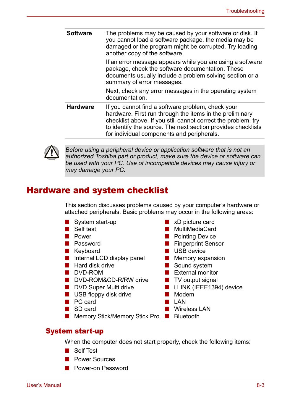 Hardware and system checklist, Hardware and system checklist -3, System start-up | Toshiba Tecra M7 User Manual | Page 177 / 244