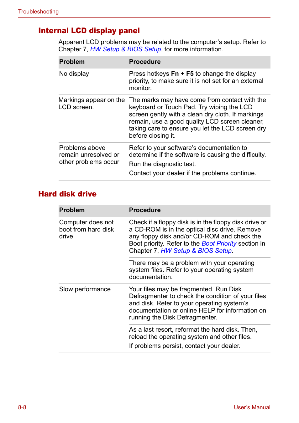 Internal lcd display panel, Hard disk drive | Toshiba Tecra M7 User Manual | Page 182 / 244