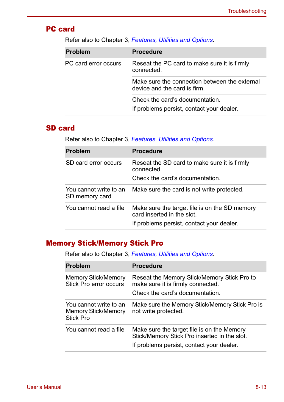 Pc card, Sd card | Toshiba Tecra M7 User Manual | Page 187 / 244