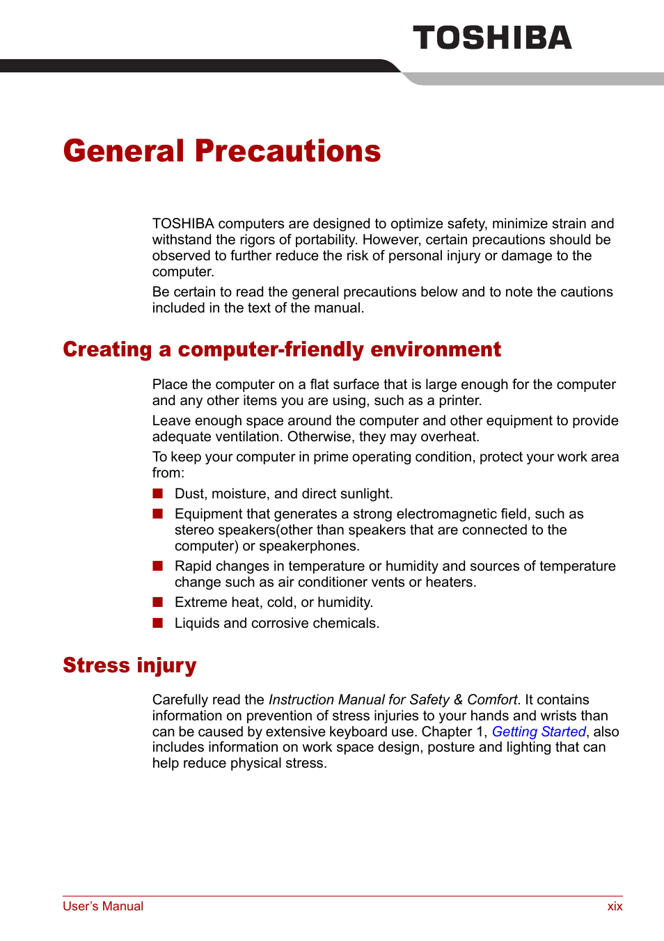 General precautions, Creating a computer-friendly environment, Stress injury | Toshiba Tecra M7 User Manual | Page 19 / 244