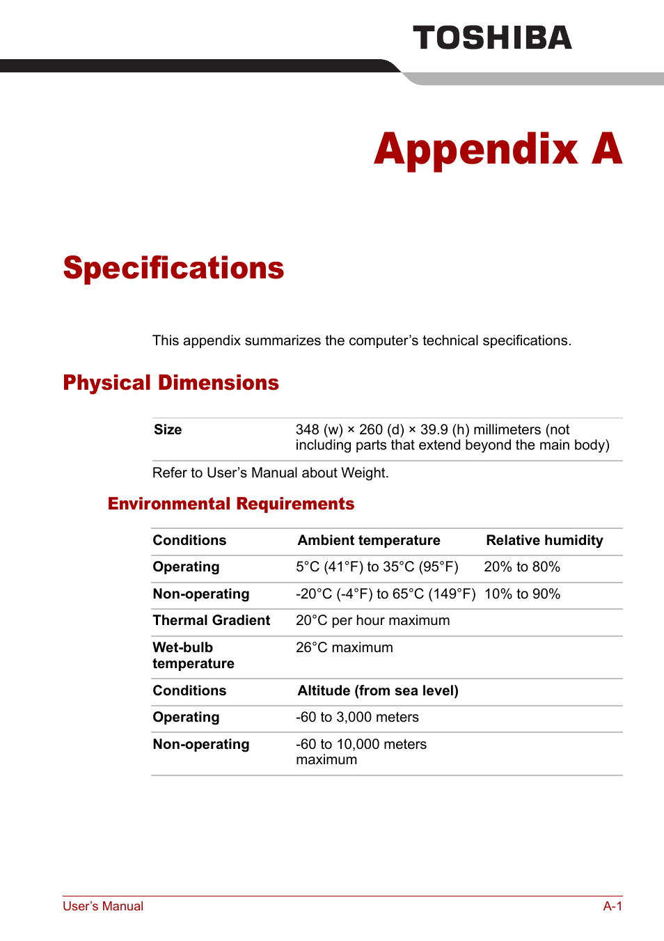 Appendix a - specifications, Physical dimensions, Appendix a | Specifications | Toshiba Tecra M7 User Manual | Page 199 / 244