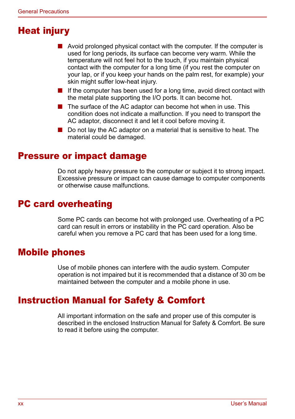 Heat injury, Pressure or impact damage, Pc card overheating | Mobile phones, Instruction manual for safety & comfort | Toshiba Tecra M7 User Manual | Page 20 / 244