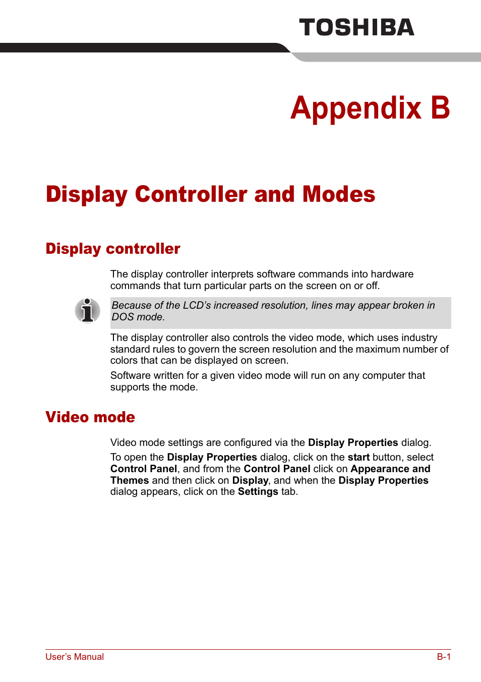 Appendix b - display controller and modes, Display controller, Video mode | Appendix b, Display controller and modes, Refer to, Display controller and, Modes | Toshiba Tecra M7 User Manual | Page 203 / 244