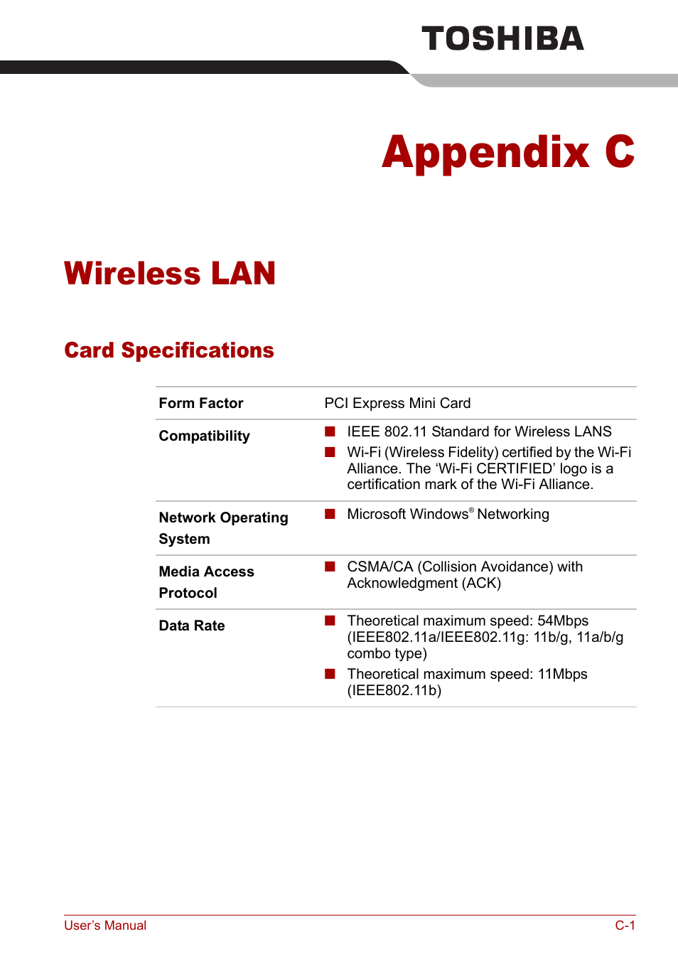 Appendix c - wireless lan, Card specifications, Appendix c | Wireless lan, Ix c, Dix c | Toshiba Tecra M7 User Manual | Page 205 / 244