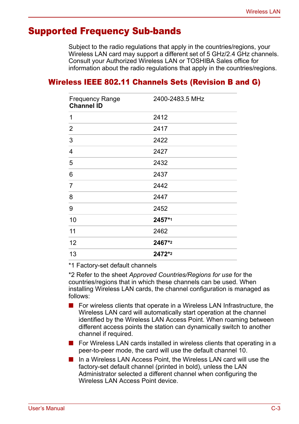 Supported frequency sub-bands | Toshiba Tecra M7 User Manual | Page 207 / 244