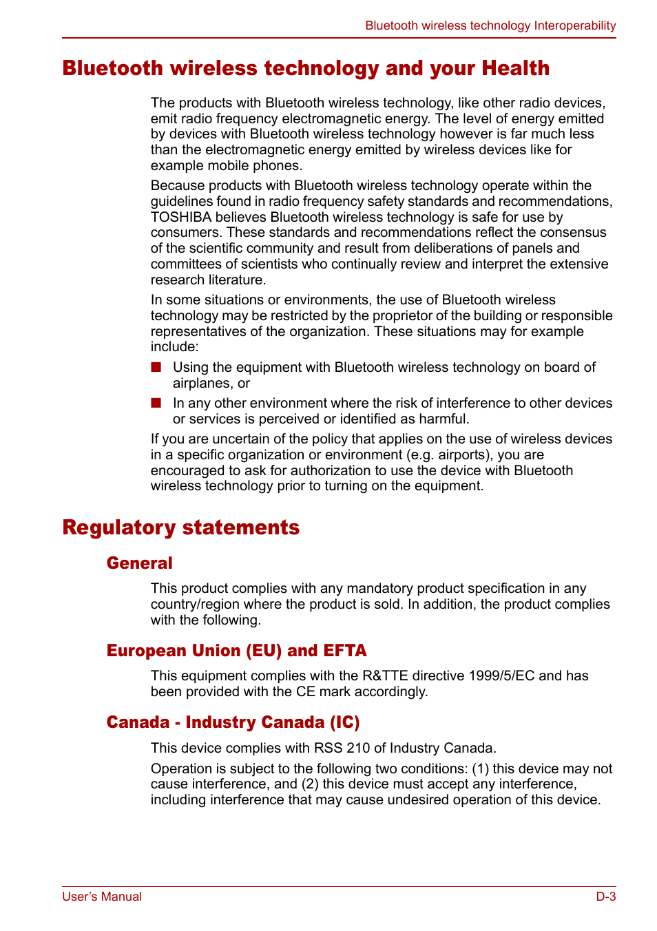 Bluetooth wireless technology and your health, Regulatory statements | Toshiba Tecra M7 User Manual | Page 211 / 244