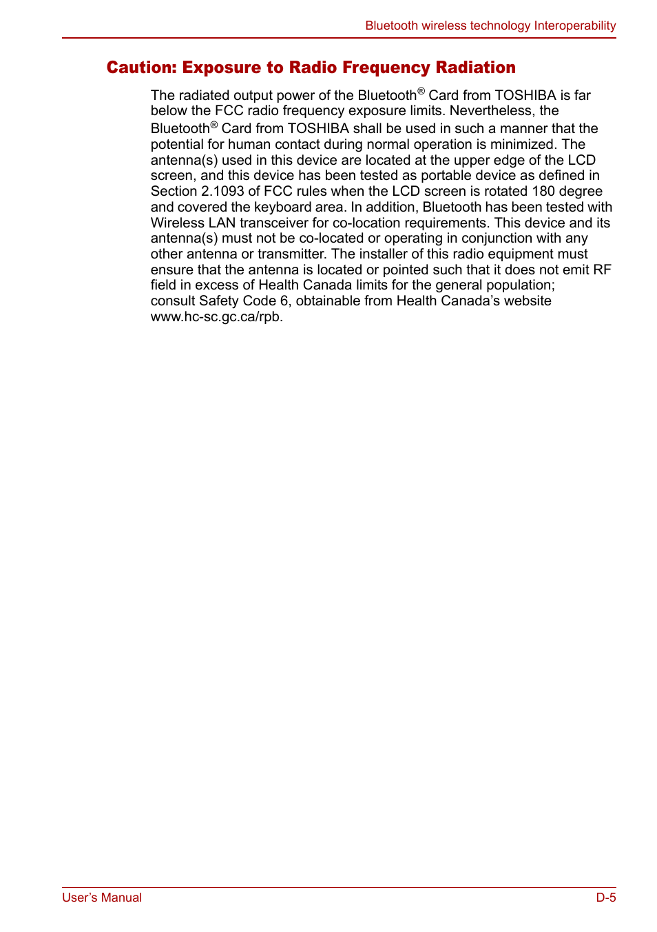 Caution: exposure to radio frequency radiation | Toshiba Tecra M7 User Manual | Page 213 / 244