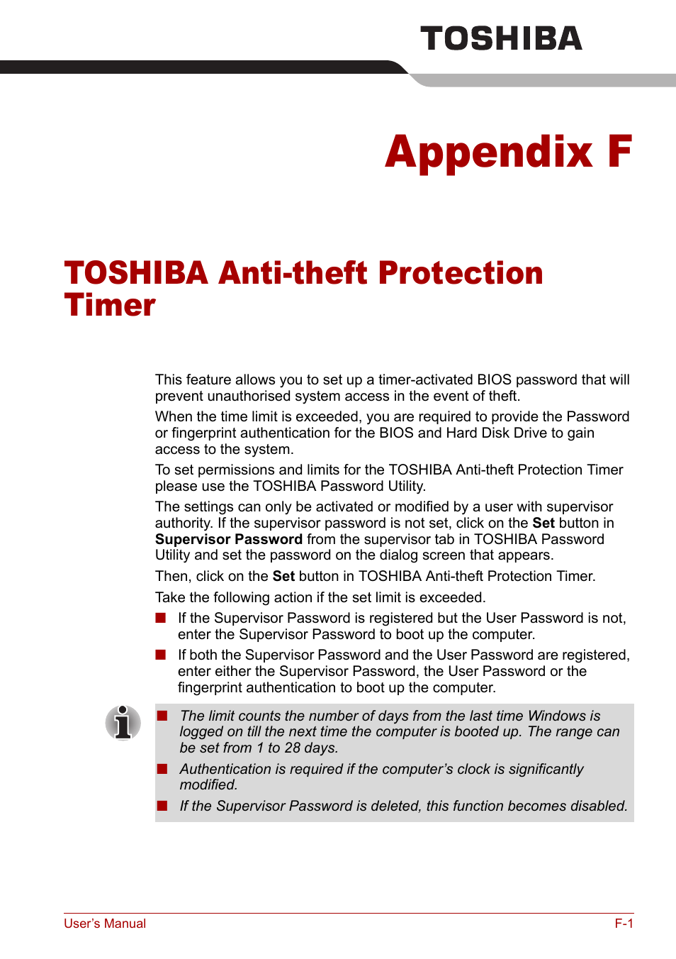 Appendix f - toshiba anti-theft protection timer, Appendix f, Toshiba anti-theft protection timer | Toshiba Tecra M7 User Manual | Page 217 / 244