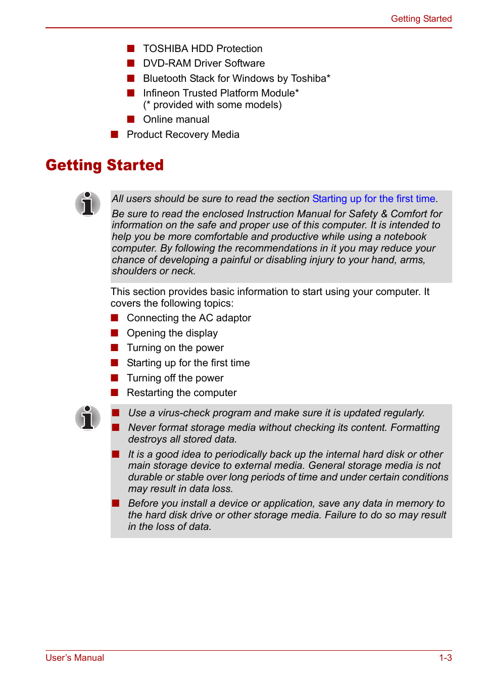 Getting started, Getting started -3, For s | Toshiba Tecra M7 User Manual | Page 23 / 244