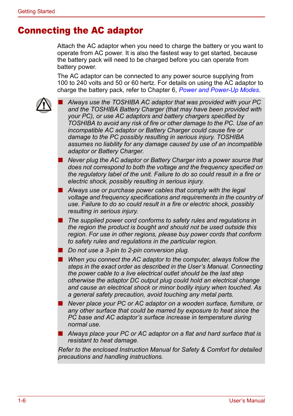 Connecting the ac adaptor, Connecting the ac adaptor -6 | Toshiba Tecra M7 User Manual | Page 26 / 244