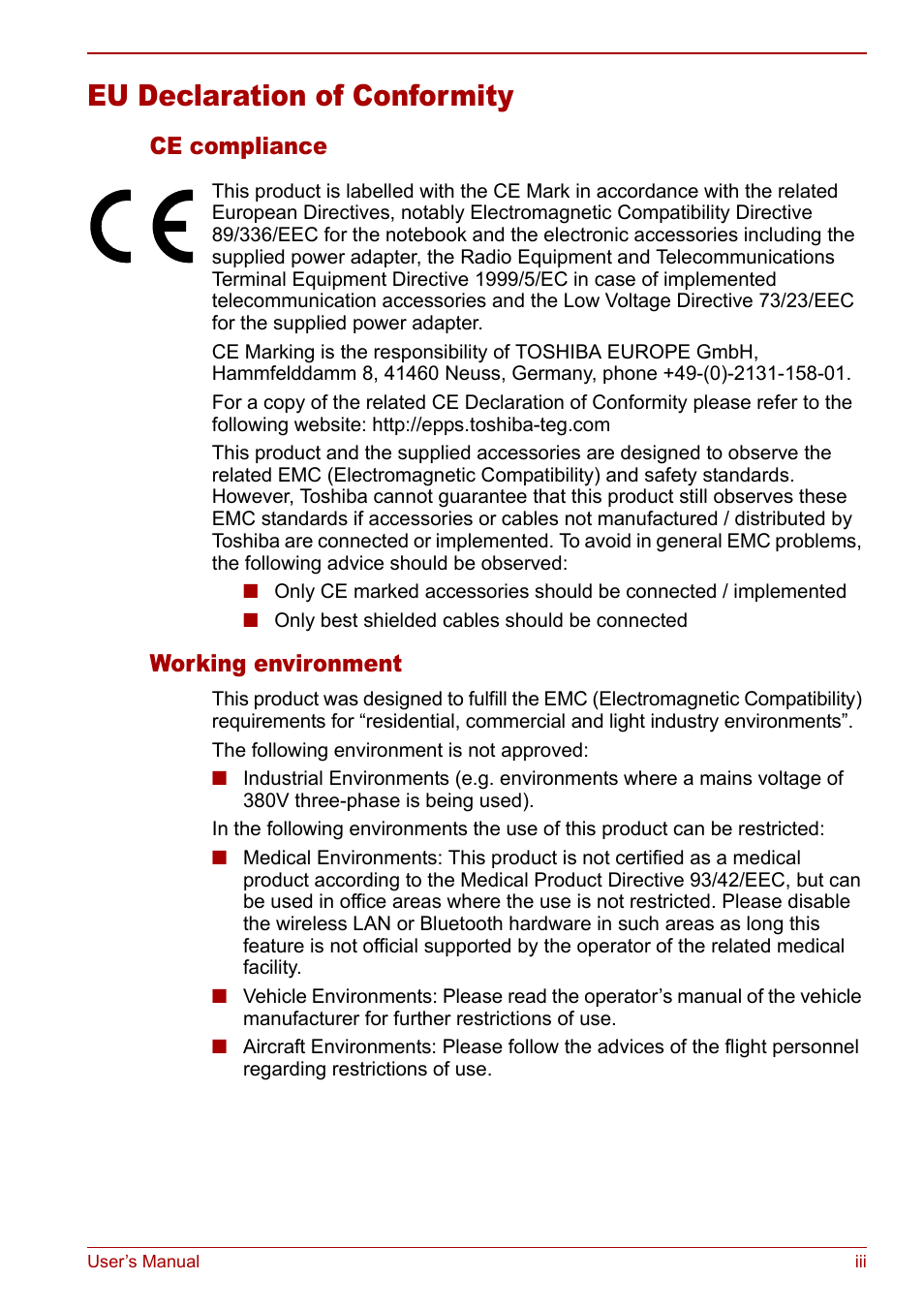 Eu declaration of conformity, Ce compliance, Working environment | Toshiba Tecra M7 User Manual | Page 3 / 244