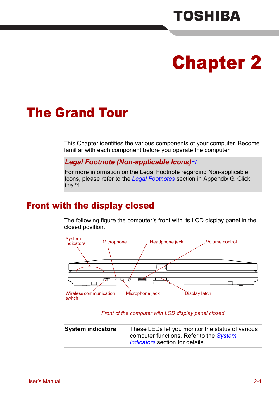 Chapter 2 - the grand tour, Front with the display closed, Chapter 2 | The grand tour, Front with the display closed -1 | Toshiba Tecra M7 User Manual | Page 35 / 244