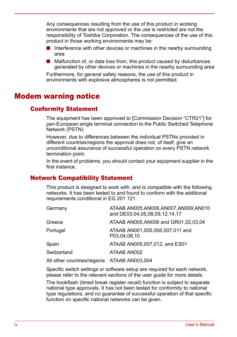 Modem warning notice, Conformity statement, Network compatibility statement | Toshiba Tecra M7 User Manual | Page 4 / 244